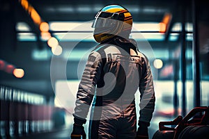 Rear view of a man wearing a helmet standing in front of a racing car. AI generative