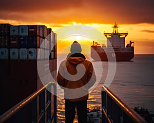 Rear view of a man wearing orange blazer and cap standing at docks. Trade port worker looking at ship at sunset. Generative AI