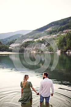 Rear view of mature couple in love standing in nature, holding hands.