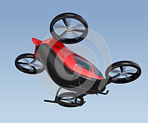 Rear view of metallic red self-driving passenger drone flying in the sky