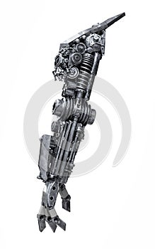 Rear view metallic robot hand made from machine part isolated