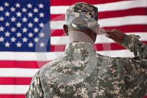 Rear View Of Military Man Saluting Us