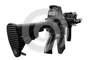 Rear view of modern automatic rifle with collimator optical sight. Isolated. 3D Rendering