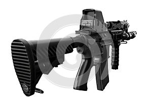 Rear view of modern automatic rifle with collimator optical sight. Isolated. 3D Rendering photo