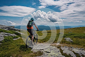 Rear view of a mountain biker cycling on top of a mountain