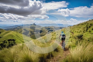 Rear view of a mountain biker cycling on top of a mountain