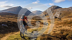 Rear view of a mountain biker cycling on top of a mountain