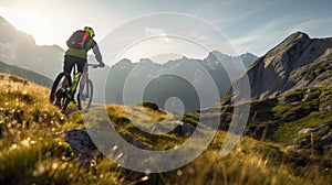 Rear view of a mountain biker cycling on top of a mountain