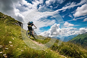 Rear view of a mountain biker cycling on top of a mountain
