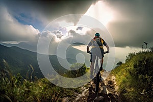 Rear view of a mountain biker cycling on top of a mountain