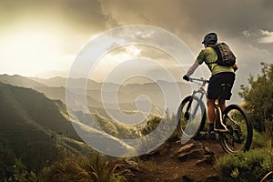 Rear view of a mountain biker cycling on top of a mountain