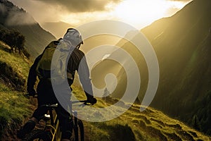 Rear view of a mountain biker cycling on top of a mountain