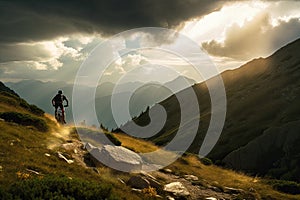 Rear view of a mountain biker cycling on top of a mountain