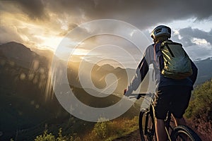 Rear view of a mountain biker cycling on top of a mountain