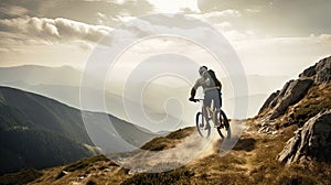 Rear view of a mountain biker cycling on top of a mountain