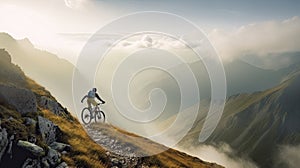 Rear view of a mountain biker cycling on top of a mountain