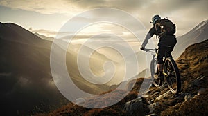 Rear view of a mountain biker cycling on top of a mountain