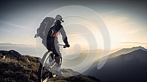 Rear view of a mountain biker cycling on top of a mountain