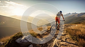 Rear view of a mountain biker cycling on top of a mountain