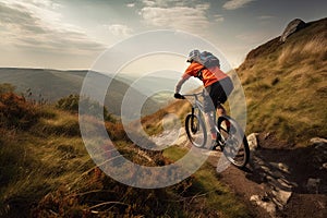 Rear view of a mountain biker cycling on top of a mountain