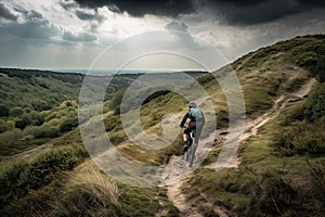 Rear view of a mountain biker cycling on top of a mountain