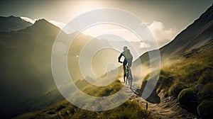 Rear view of a mountain biker cycling on top of a mountain