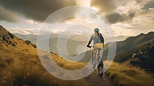 Rear view of a mountain biker cycling on top of a mountain