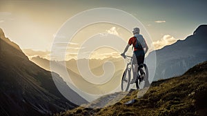 Rear view of a mountain biker cycling on top of a mountain