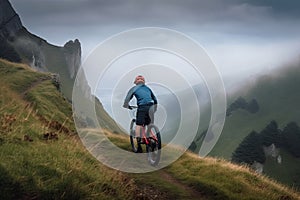 Rear view of a mountain biker cycling on top of a mountain