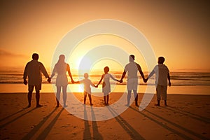 Rear view of multi generation family silhouetted on the beach. Carefree family with two children, two parents and