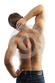 Rear view of a muscular with bare torso