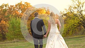 Rear view of newlyweds go into the distance holding hands on sunny day at autumn park.