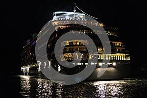 Rear view at night on a giant cruise ship
