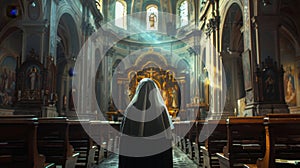 Rear view of a nun inside the grandeur of a cathedral, evoking a solemn atmosphere photo