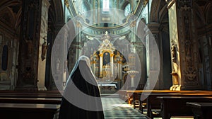 Rear view of a nun standing inside a church, religious sister in place of worship