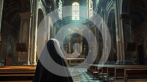 Rear view of a nun in traditional habit standing in the peaceful interior of a church