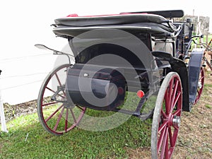 Rear view of old-fashioned horse carriage on green grass