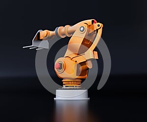 Rear view of orange heavyweight robotic arm on black background