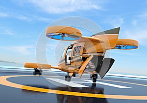 Rear view of orange Passenger Drone Taxi on helipad. Rear hatch and side door opened