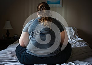 Rear view of overweight woman sitting on her bed