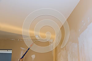 Rear view of painter paints the ceiling with a roller