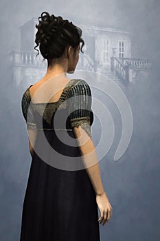 Rear view painterly style digital illustration of a beautiful young woman wearing a blue Georgian style dress.