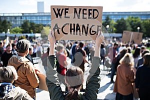 Rear view of people with placards and posters on global strike for climate change.