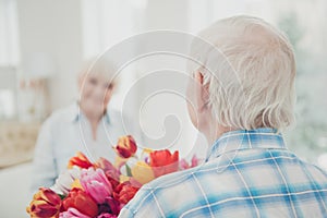 Rear view photo of two adorable aged people cute pair anniversary holiday surprise big red tulips bunch flat indoors