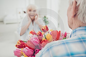 Rear view photo of two adorable aged people cute pair anniversary holiday surprise big red tulips bunch flat indoors