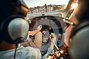 Rear view of pilot and copilot in private cockpit of small plane