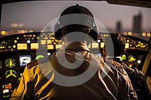 Rear view of pilot and copilot in private jet cockpit, Generative Ai