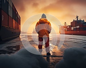 Rear view of a port worker wearing orange coat and red pants. Man stands on the ice facing the loaded ships at sum down.