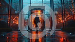 Rear view of professional man stepping into elevator, symbolizing progress and ambition