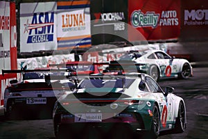 Rear view of racing cars on the track in La Canada Flintridge, California, USA